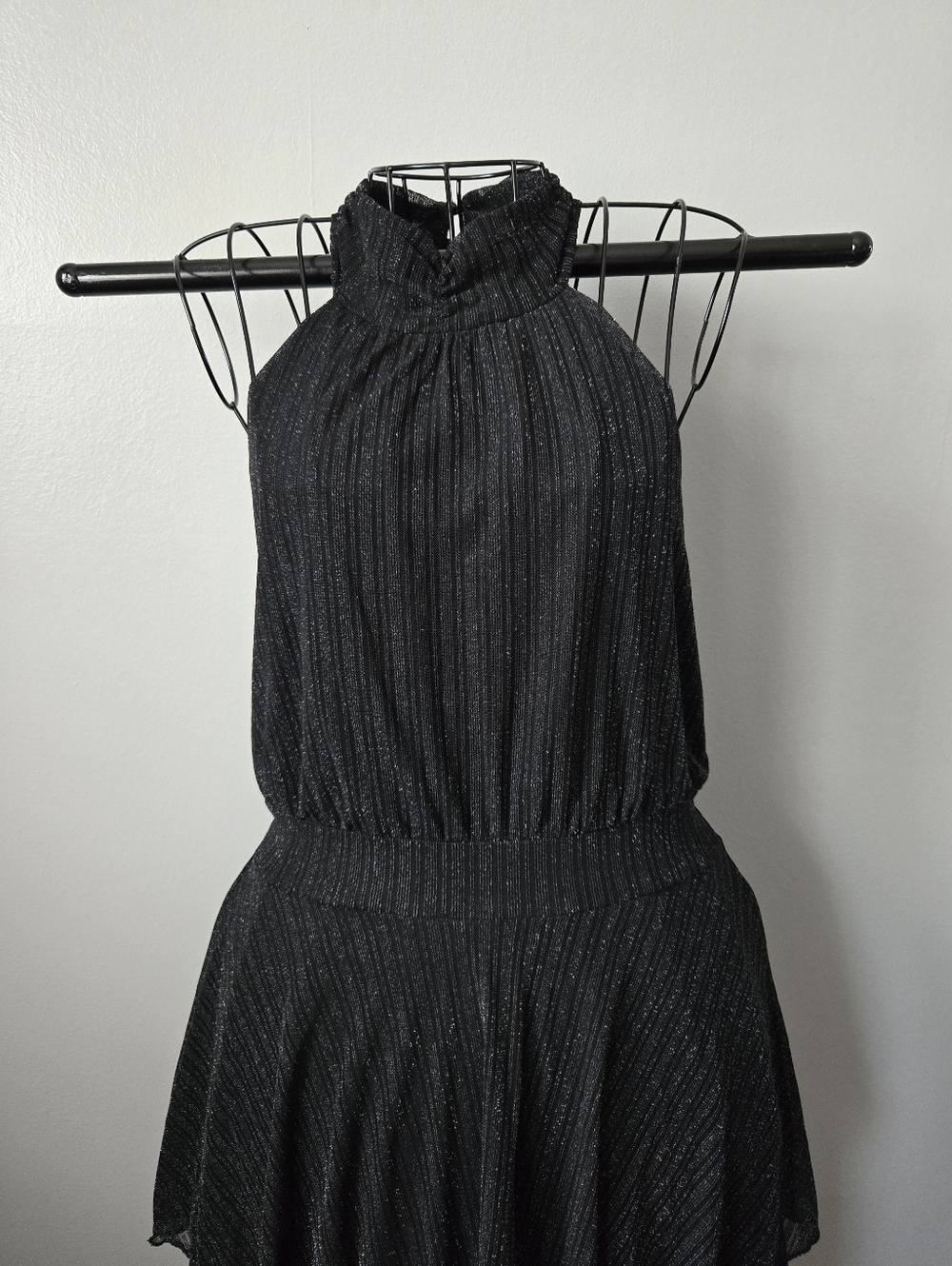 Ember Black Metallic Shimmer Tiered Mini Dress High Neck Halter Party Cocktail